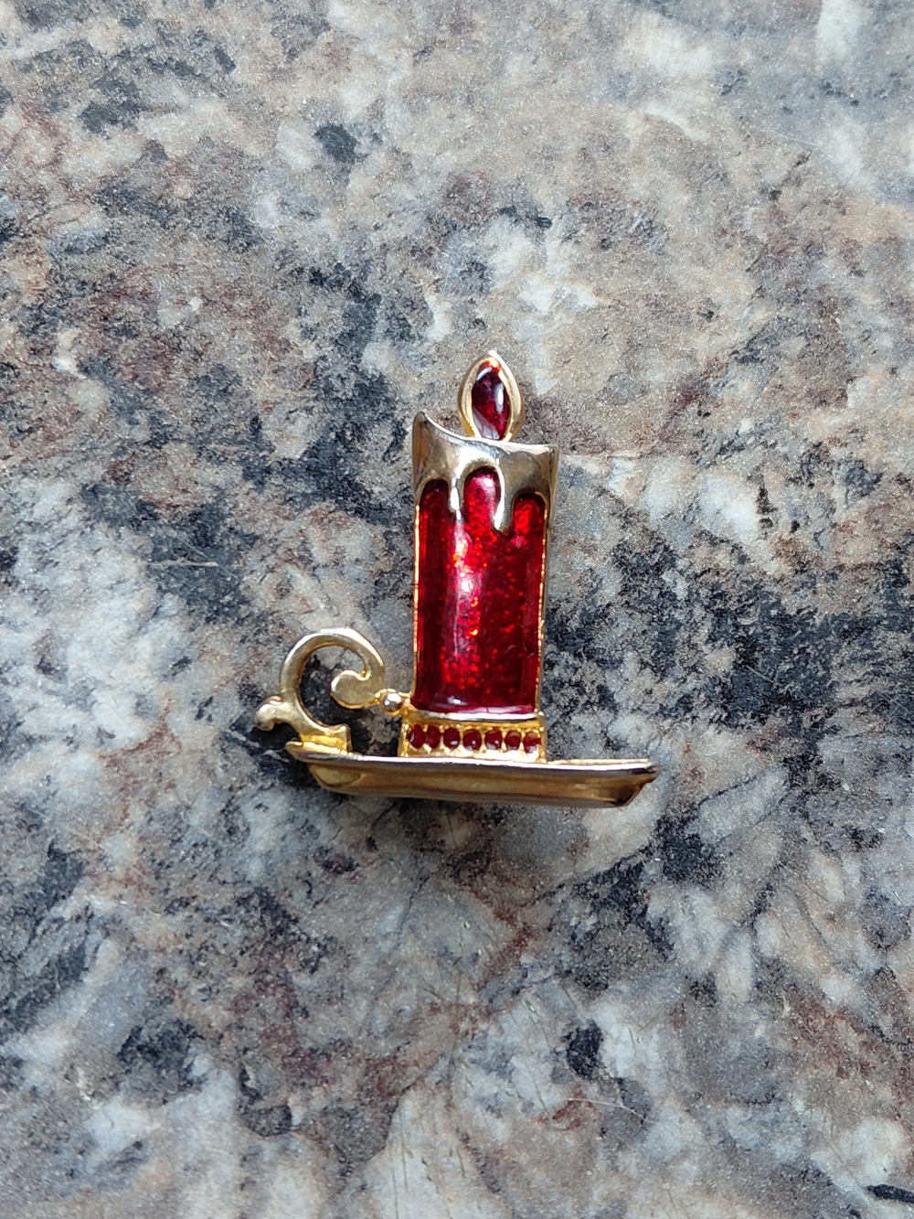 Vintage Metallic Red & Gold Christmas Candle Sparkly Red Rhinestones Pin Brooch